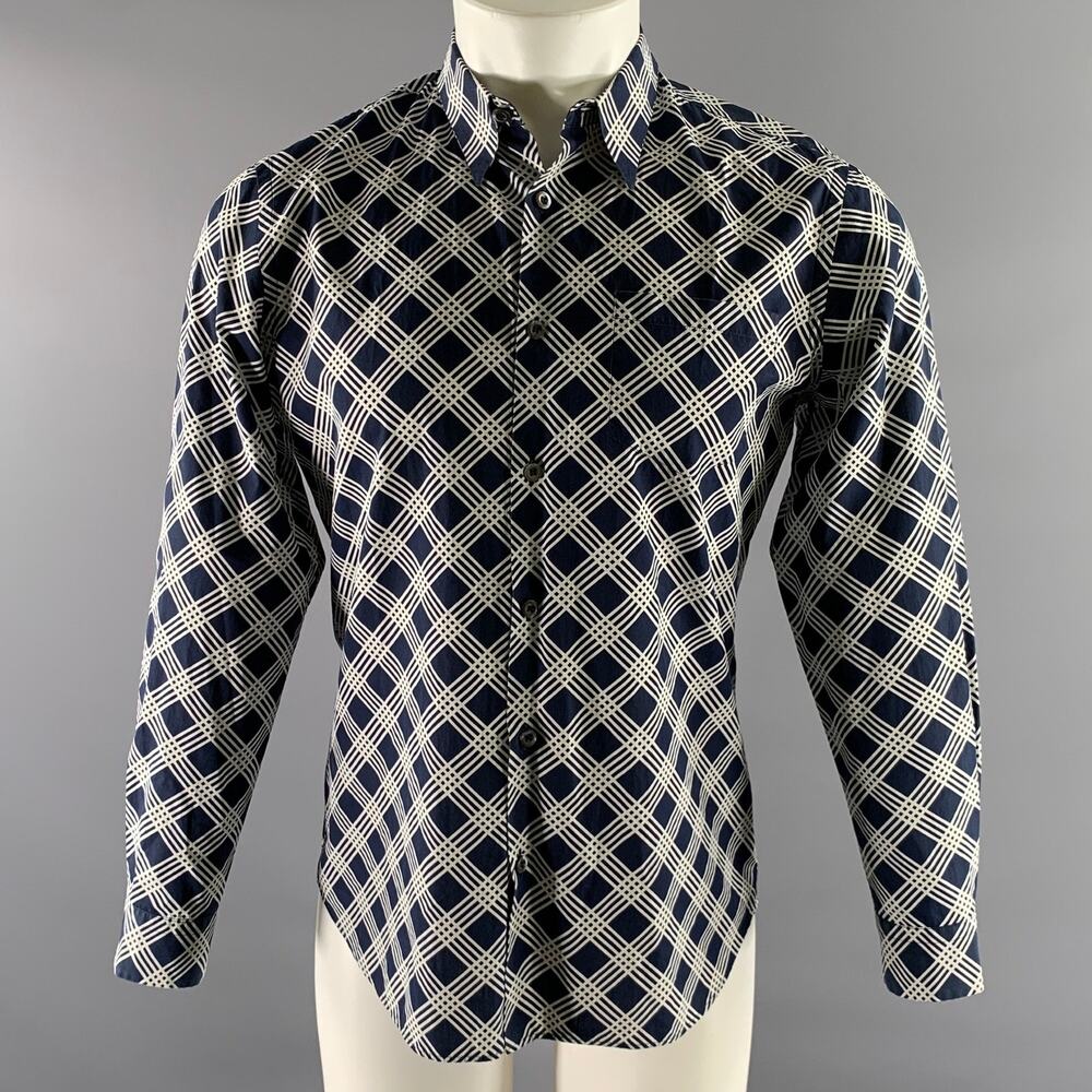 PRADA Size S Navy White Geometric Pointed Collar Long Sleeve Shirt
